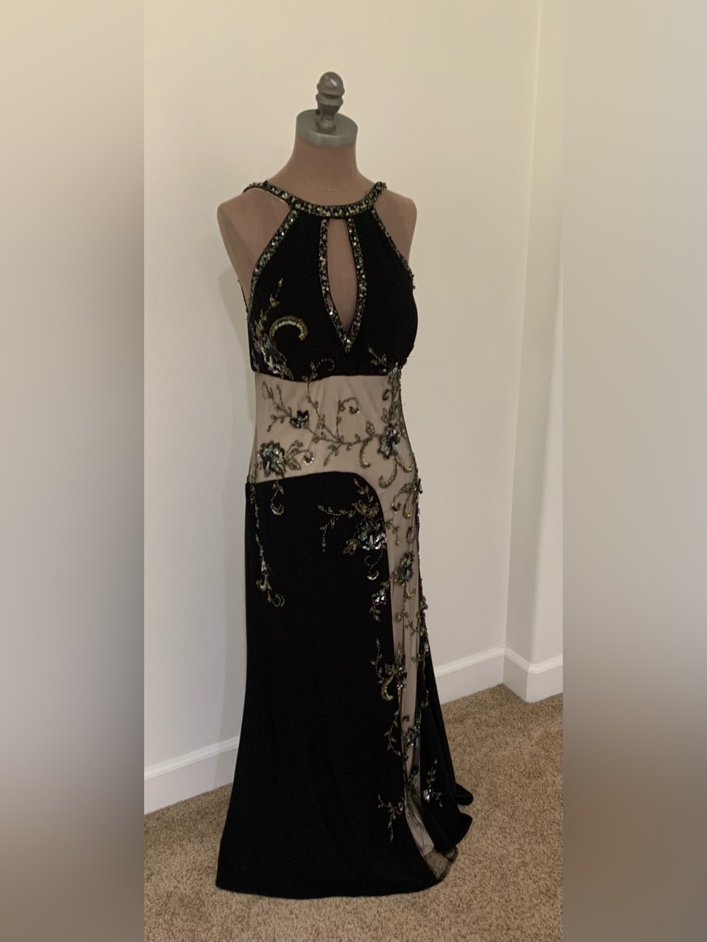 RARE NWT Night Scene Y2K Black Beaded Illusion Halter Evening Dress